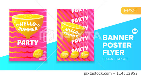 Vector electronic music summer party poster background Pink club party flyer or creative banner with abstract waves and fresh lemon. Hello summer party design template 114512952