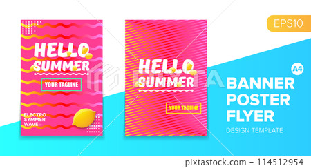 Vector electronic music summer party poster background Pink club party flyer or creative banner with abstract waves and fresh lemon. Hello summer party design template 114512954