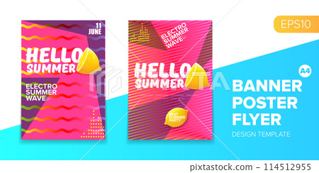 Vector electronic music summer party poster background Pink club party flyer or creative banner with abstract waves and fresh lemon. Hello summer party design template 114512955