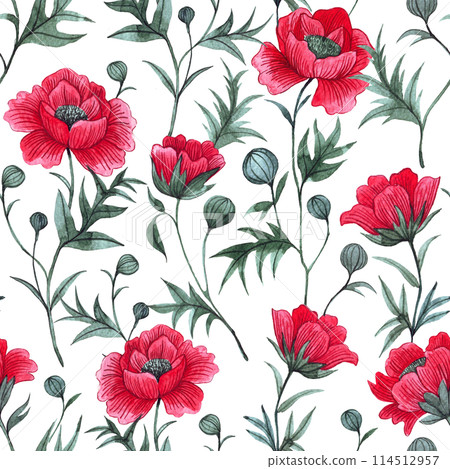 pattern with red poppies on a white background. watercolor seamless print with wildflowers 114512957