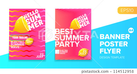 Vector electronic music summer party poster background Pink club party flyer or creative banner with abstract waves and fresh lemon. Hello summer party design template 114512958