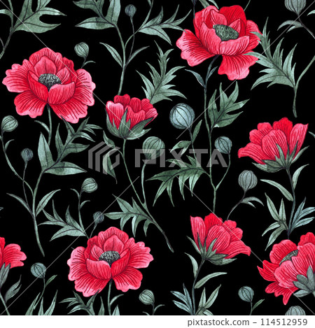 pattern with red poppies on a dark background. watercolor seamless print with wildflowers 114512959