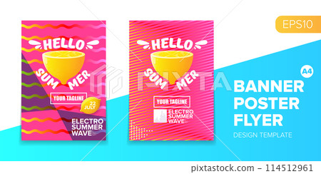 Vector electronic music summer party poster background Pink club party flyer or creative banner with abstract waves and fresh lemon. Hello summer party design template 114512961