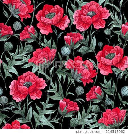 pattern with red poppies on a dark background. watercolor seamless print with wildflowers 114512962