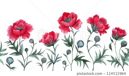 seamless border with red poppies. watercolor drawing, frame with wildflowers seamless border with red poppies. watercolor drawing, frame with wildflowers 114512964