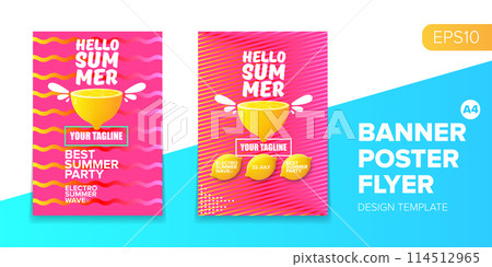 Vector electronic music summer party poster background Pink club party flyer or creative banner with abstract waves and fresh lemon. Hello summer party design template 114512965