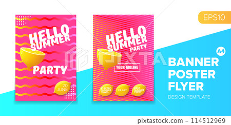 Vector electronic music summer party poster background Pink club party flyer or creative banner with abstract waves and fresh lemon. Hello summer party design template Vector electronic music summer party poster background Pink club party flyer or creative banner with abstract waves and fresh lemon. Hello summer party design template 114512969