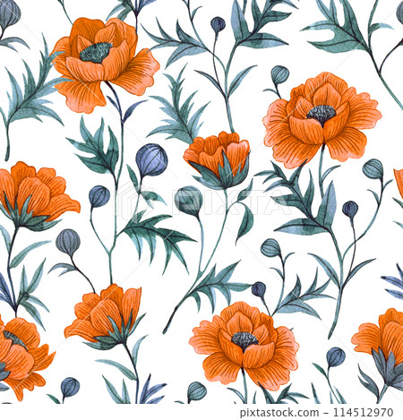 pattern with orange poppies on a white background. watercolor seamless print with wildflowers pattern with orange poppies on a white background. watercolor seamless print with wildflowers 114512970