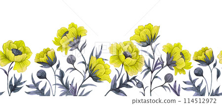 seamless border with yellow poppies. watercolor drawing, frame with wildflowers 114512972