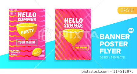 Vector electronic music summer party poster background Pink club party flyer or creative banner with abstract waves and fresh lemon. Hello summer party design template 114512973