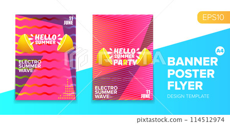 Vector electronic music summer party poster background Pink club party flyer or creative banner with abstract waves and fresh lemon. Hello summer party design template 114512974