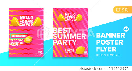 Vector electronic music summer party poster background Pink club party flyer or creative banner with abstract waves and fresh lemon. Hello summer party design template 114512975