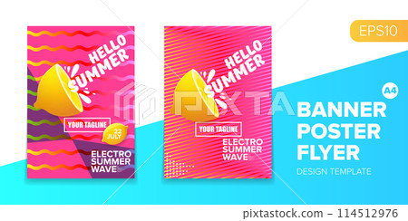 Vector electronic music summer party poster background Pink club party flyer or creative banner with abstract waves and fresh lemon. Hello summer party design template Vector electronic music summer party poster background Pink club party flyer or creative banner with abstract waves and fresh lemon. Hello summer party design template 114512976