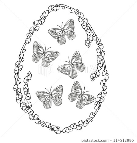 Easter catkins egg wreath with butterfly, hand drawn floral elements for spring holiday. Black and white line art compositions for coloring page. Vector illustrations for card or invitations 114512990