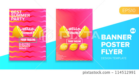 Vector electronic music summer party poster background Pink club party flyer or creative banner with abstract waves and fresh lemon. Hello summer party design template 114512991