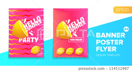 Vector electronic music summer party poster background Pink club party flyer or creative banner with abstract waves and fresh lemon. Hello summer party design template 114512997
