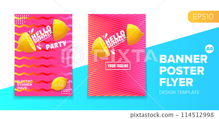 Vector electronic music summer party poster background Pink club party flyer or creative banner with abstract waves and fresh lemon. Hello summer party design template Vector electronic music summer party poster background Pink club party flyer or creative banner with abstract waves and fresh lemon. Hello summer party design template 114512998