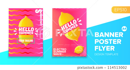 Vector electronic music summer party poster background Pink club party flyer or creative banner with abstract waves and fresh lemon. Hello summer party design template 114513002