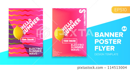 Vector electronic music summer party poster background Pink club party flyer or creative banner with abstract waves and fresh lemon. Hello summer party design template 114513004