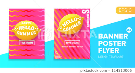 Vector electronic music summer party poster background Pink club party flyer or creative banner with abstract waves and fresh lemon. Hello summer party design template 114513006