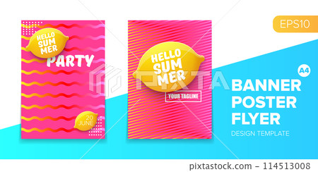 Vector electronic music summer party poster background Pink club party flyer or creative banner with abstract waves and fresh lemon. Hello summer party design template 114513008