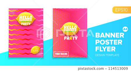 Vector electronic music summer party poster background Pink club party flyer or creative banner with abstract waves and fresh lemon. Hello summer party design template 114513009