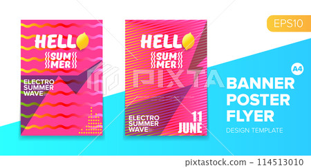 Vector electronic music summer party poster background Pink club party flyer or creative banner with abstract waves and fresh lemon. Hello summer party design template 114513010