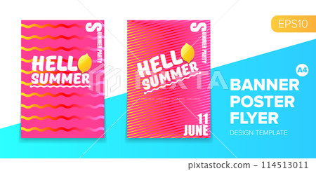Vector electronic music summer party poster background Pink club party flyer or creative banner with abstract waves and fresh lemon. Hello summer party design template Vector electronic music summer party poster background Pink club party flyer or creative banner with abstract waves and fresh lemon. Hello summer party design template 114513011