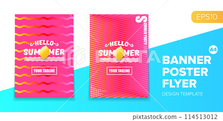 Vector electronic music summer party poster background Pink club party flyer or creative banner with abstract waves and fresh lemon. Hello summer party design template 114513012