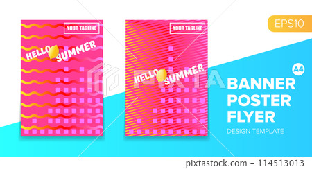 Vector electronic music summer party poster background Pink club party flyer or creative banner with abstract waves and fresh lemon. Hello summer party design template 114513013