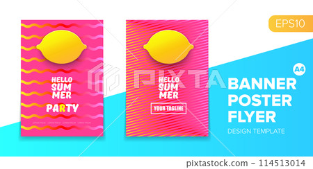 Vector electronic music summer party poster background Pink club party flyer or creative banner with abstract waves and fresh lemon. Hello summer party design template Vector electronic music summer party poster background Pink club party flyer or creative banner with abstract waves and fresh lemon. Hello summer party design template 114513014