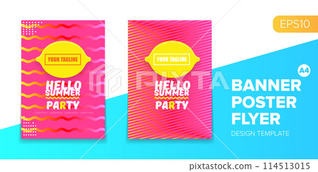 Vector electronic music summer party poster background Pink club party flyer or creative banner with abstract waves and fresh lemon. Hello summer party design template 114513015