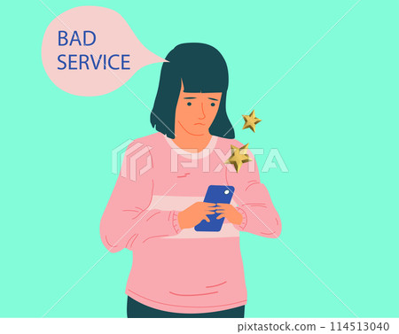 Golden award stars. Bad quality. Customer review and feedback signs. Users satisfaction. Experience rating. Woman with smartphone. Mobile application. Service ranking. Vector concept 114513040
