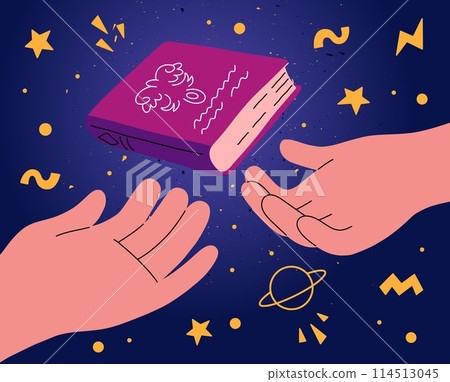 Magic book. Read literature story. Author and lover with mystery cover. Witchcraft literacy and education. Woman hand holding grimoire. Astrology stars. Spell knowledge. Vector concept Magic book. Read literature story. Author and lover with mystery cover. Witchcraft literacy and education. Woman hand holding grimoire. Astrology stars. Spell knowledge. Vector concept 114513045