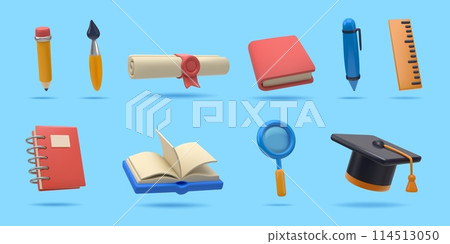 3D stationery. School book. Notebook, pen and pencil for education. Graduation hat. Office notepad. Magnifier and eraser. Learning textbook. Sharpener and ruler. Vector render icons set 114513050
