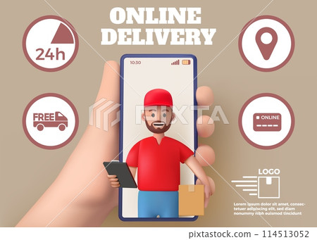 3D delivery icons. Online order in mobile phone. Smartphone screen. Courier logistic application. Deliveryman holding box in hands. Service advertising. Vector express shipment banner 114513052