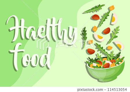 Healthy salad. Diet dinner cooking. Meal bowl. Falling arugula leaves and egg. Chopped vegetables. Fresh tomato and cheese slices. Mixed ingredients. Kitchen plate. Vector food recipe 114513054
