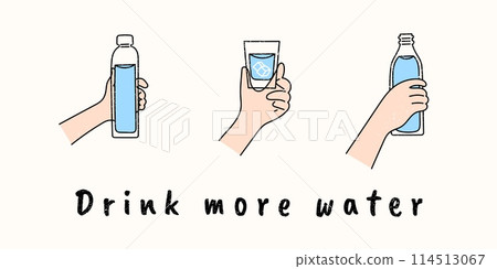 Water bottle. Hand hold reusable cup, tumbler drink, Thermo sport glass or coffee mug. Poster or banner design, healthy lifestyle, clean fresh beverage, h2o in glassware. Vector outline set Water bottle. Hand hold reusable cup, tumbler drink, Thermo sport glass or coffee mug. Poster or banner design, healthy lifestyle, clean fresh beverage, h2o in glassware. Vector outline set 114513067