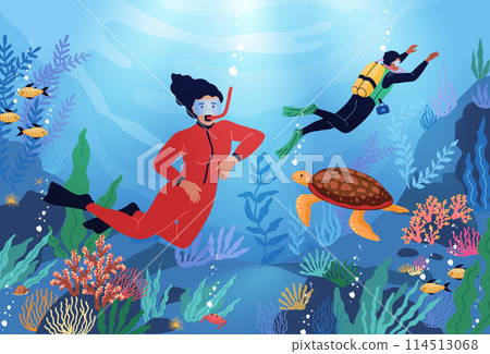 Ocean divers. Underwater sea snorkel in scuba mask. Fish and swimmers in tropical reef. Exploration of seabed. Man and woman swimming with marine turtle. Vector cartoon diving characters Ocean divers. Underwater sea snorkel in scuba mask. Fish and swimmers in tropical reef. Exploration of seabed. Man and woman swimming with marine turtle. Vector cartoon diving characters 114513068
