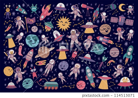 Cute space. Galaxy planets and animal astronauts. Spaceship rocket and art monster. Universe stickers. Aliens UFO and cosmonaut shuttles. Starry cosmos background. Vector icon elements 114513071