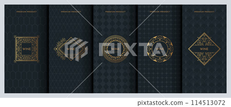 Wine label design. Premium product sticker. Jewelry ornament. Modern luxury background. Gold box package. Floral art deco frame with drink logo. Vector packaging decoration templates set 114513072