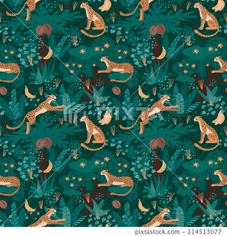 Jungle pattern. Leopard animal in tropic, african nature print with tiger or jaguar, fashion wildlife. Textile, wrapping paper, wallpaper design. Print vector seamless illustration 114513077