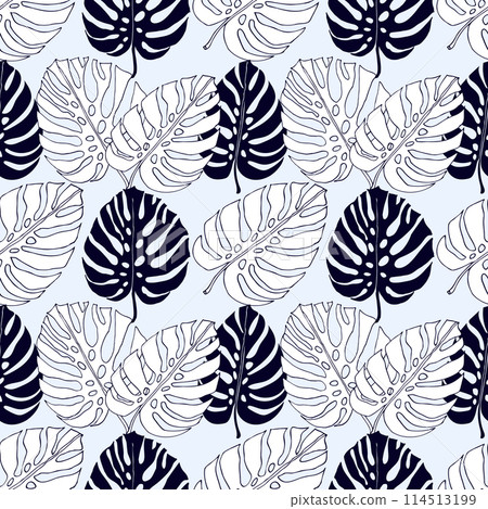 Monstera jungle leaves, floral seamless pattern for fabric textile or wallpapers. Vector tropical jungle leaves modern background Monstera jungle leaves, floral seamless pattern for fabric textile or wallpapers. Vector tropical jungle leaves modern background 114513199