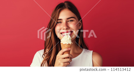 Summer portrait of happy cheerful smiling young woman eating ice cream cone on studio background Summer portrait of happy cheerful smiling young woman eating ice cream cone on studio background 114513412