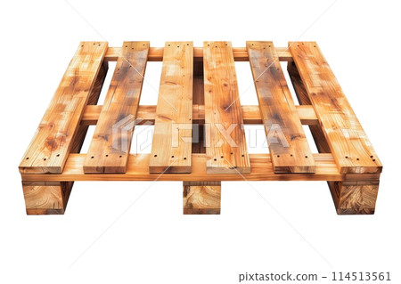 Wooden pallet isolated on a white or transparent background. Pallet for transporting cargo. Close-up of a wooden pallet, side view. 114513561