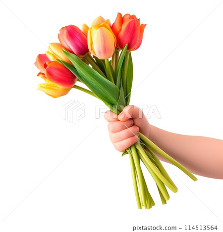 A child holding a bouquet of flowers isolated on a white or transparent background. Close-up of the child's hand holding the bouquet of flowers. Valentine's Day concept. Design graphic element. 114513564