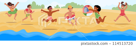 Exuberant Children Enjoy A Sunny Day At The Beach, Jumping And Playing With Inflatable Rings And Beach Balls, Vector 114513720