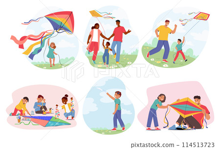 Joyful Families And Kids Engage In Timeless Delight Of Kite Flying. Characters Encapsulating The Essence Of Childhood Joyful Families And Kids Engage In Timeless Delight Of Kite Flying. Characters Encapsulating The Essence Of Childhood 114513723