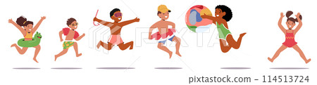 Joyful Parade Of Kids Leap And Bound With Beach Essentials, like Goggles, Snorkels, And A Colorful Ball By The Seaside Joyful Parade Of Kids Leap And Bound With Beach Essentials, like Goggles, Snorkels, And A Colorful Ball By The Seaside 114513724