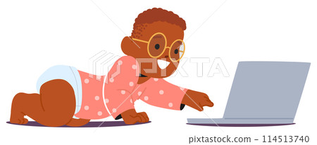Playful, Inquisitive Baby, Clad In A Polka-dot Onesie And Sporting Oversized Glasses, Reaches Toward A Laptop Playful, Inquisitive Baby, Clad In A Polka-dot Onesie And Sporting Oversized Glasses, Reaches Toward A Laptop 114513740